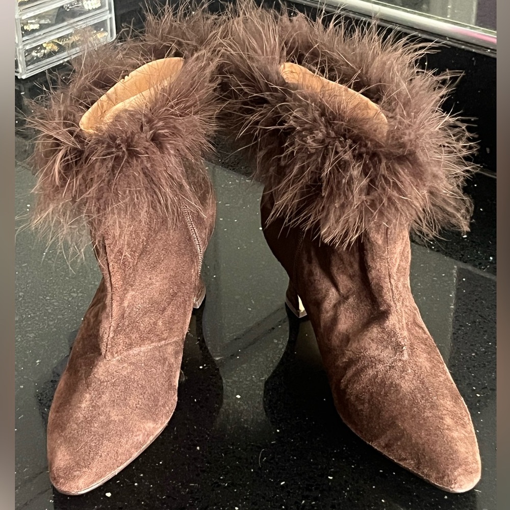 Fur Black Brown leather suede zipper ankle boots booties heel high vintage HSN